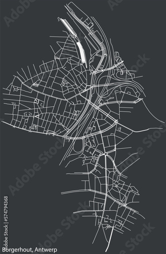 Detailed hand-drawn navigational urban street roads map of the BORGERHOUT DISTRICT, ANTWERP Belgium with vivid road lines and name tag on solid background photo