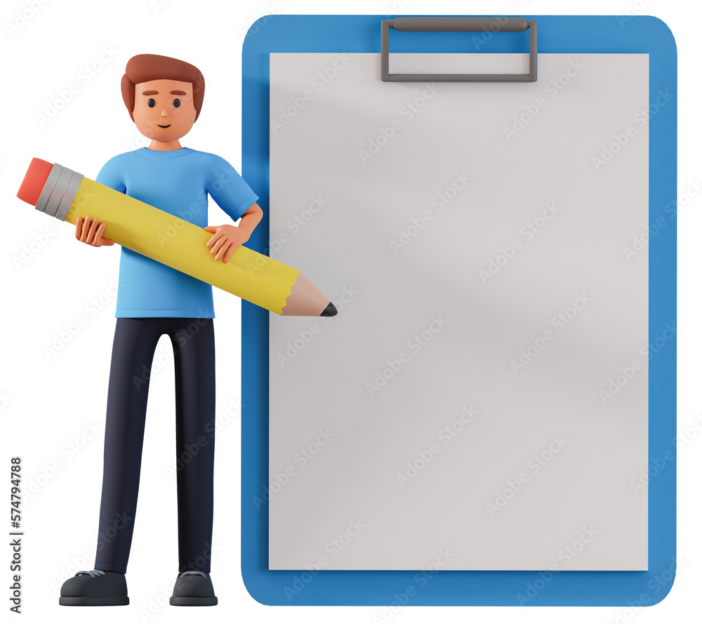Man character holding pencil and standing next to big paper blank 3d illustration. 3d illustration of man character holding big pencil and stand near big paper Man character holding pencil and standing next to big paper blank 3d illustration. 3d illustration of man character holding big pencil and stand near big paper