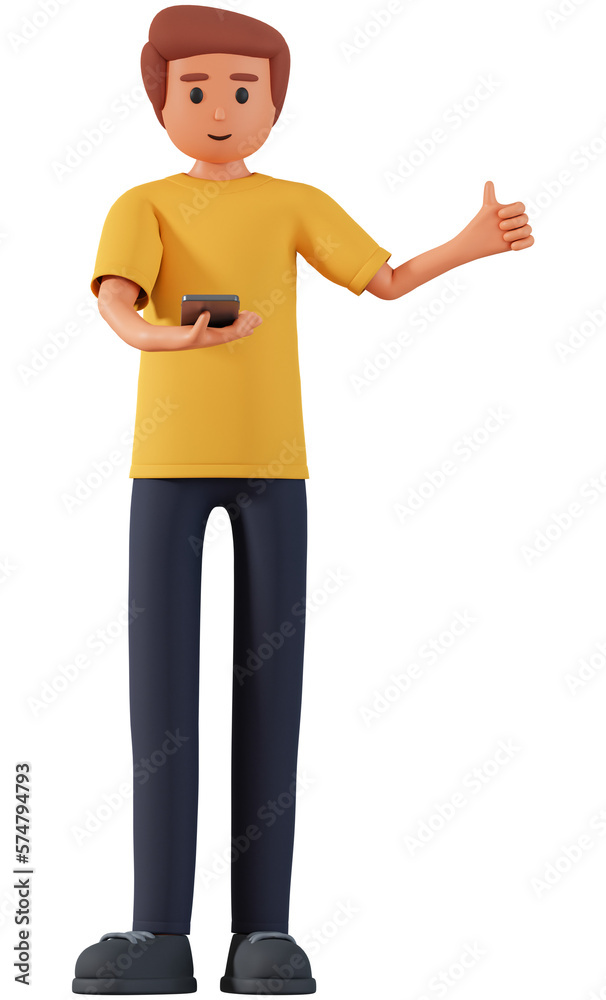 Man holding smartphone and showing  thumb finger up 3d illustration. Network communication concept with 3d man character with cell phone and showing thumb finger up