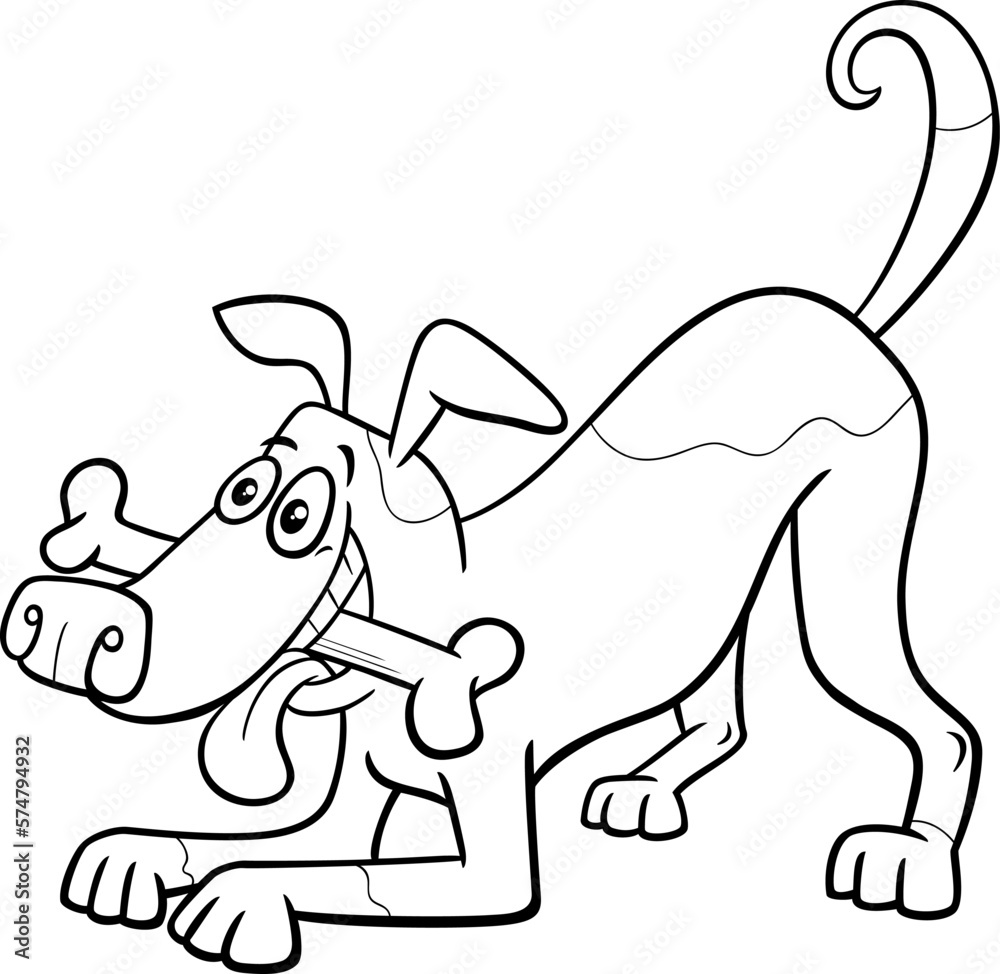 cartoon playful dog character with dog bone coloring page Stock Vector