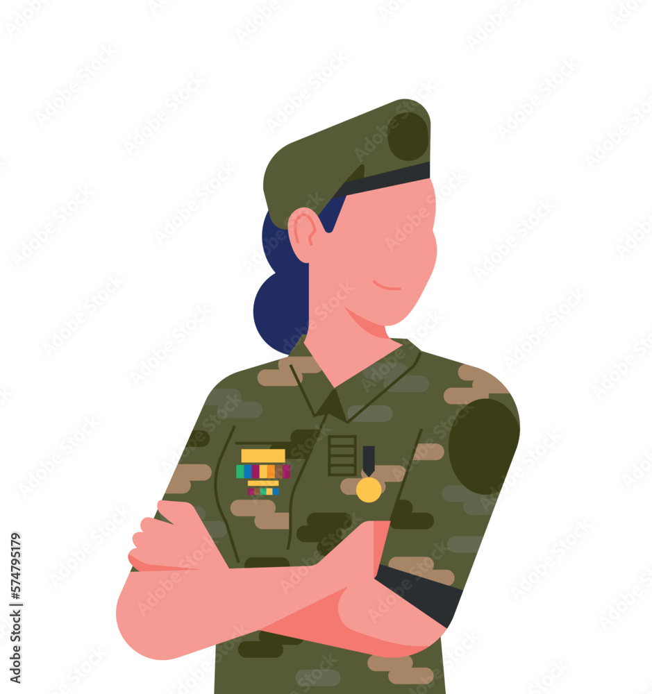 Army soldier. Military woman, personnel army dressed in camouflage uniform. Female soldier without weapon. Flat cartoon vector illustration and avatar. Army soldier. Military woman, personnel army dressed in camouflage uniform. Female soldier without weapon. Flat cartoon vector illustration and avatar.