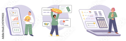 Set of people analyzing personal or corporate budget. Concept of finance accounting and calculation of financial income and expenses report. Financial consultant with document for tax computation