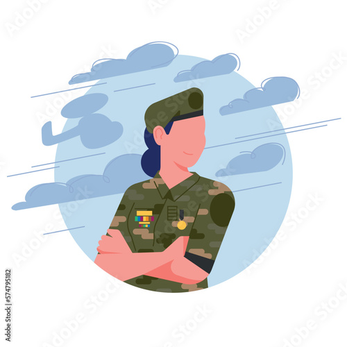 Army soldier in minimal falt design. Military woman, personnel army dressed in camouflage uniform. Female soldier without weapon. Cartoon vector illustration and avatar. Helicopter in the background