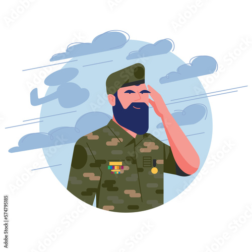 Army soldier in minimal flat design. Military man, personnel army dressed in camouflage uniform. Male soldier without weapon. Cartoon vector illustration and avatar. Helicopter in the background