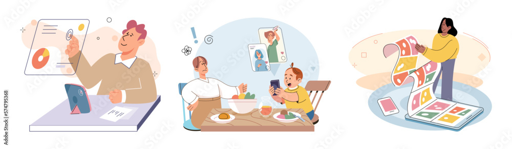 Happy little kid using tablet, child watching smartphone while eating at kitchen at home. Irritated mom is nervous that kid is distracted during feeding and spends too much time with gadgets Happy little kid using tablet, child watching smartphone while eating at kitchen at home. Irritated mom is nervous that kid is distracted during feeding and spends too much time with gadgets