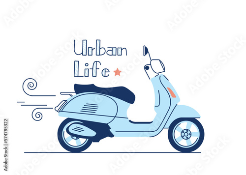 Blue vintage scooter, vector illustration, urban life, ride a motorbike in the city