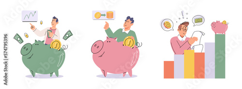 Successful businessman hold piggybank collect dollar coins for good financial investment. Happy person receive profit or income in piggy bank from savings. Invest, finance concept. Personal budget