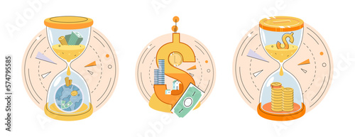 Golden coins pile, magnet and money. Financial literacy metaphor for passive income vector set. Rental activity income, upfront investment, accelerate your financial goals, savings accounts