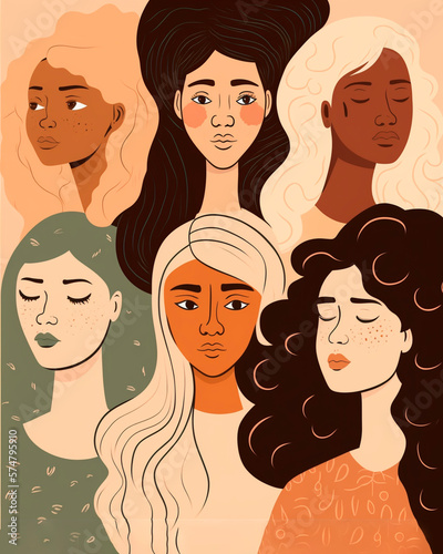 Drawing of women of different nationalities, background with pastel tones, Generative AI