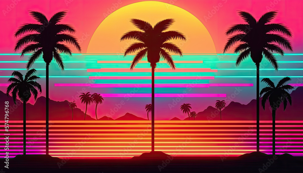 80s Retro Neon gradient background. Palms and sun. Tv glitch effect. Sci-fi beach generative ai