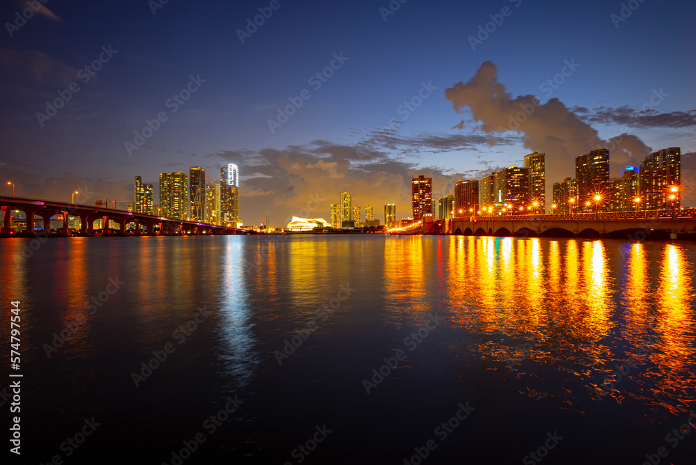 Skyline of Miami. Night sunset in Miami downtown.