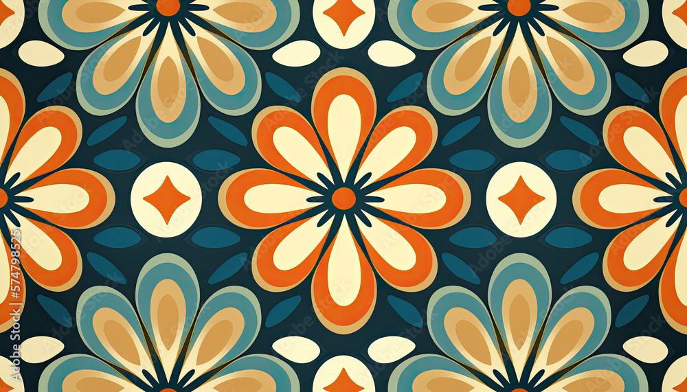 Retro seamless flower pattern design - orange and blue toned nostalgic repeat background generative ai
