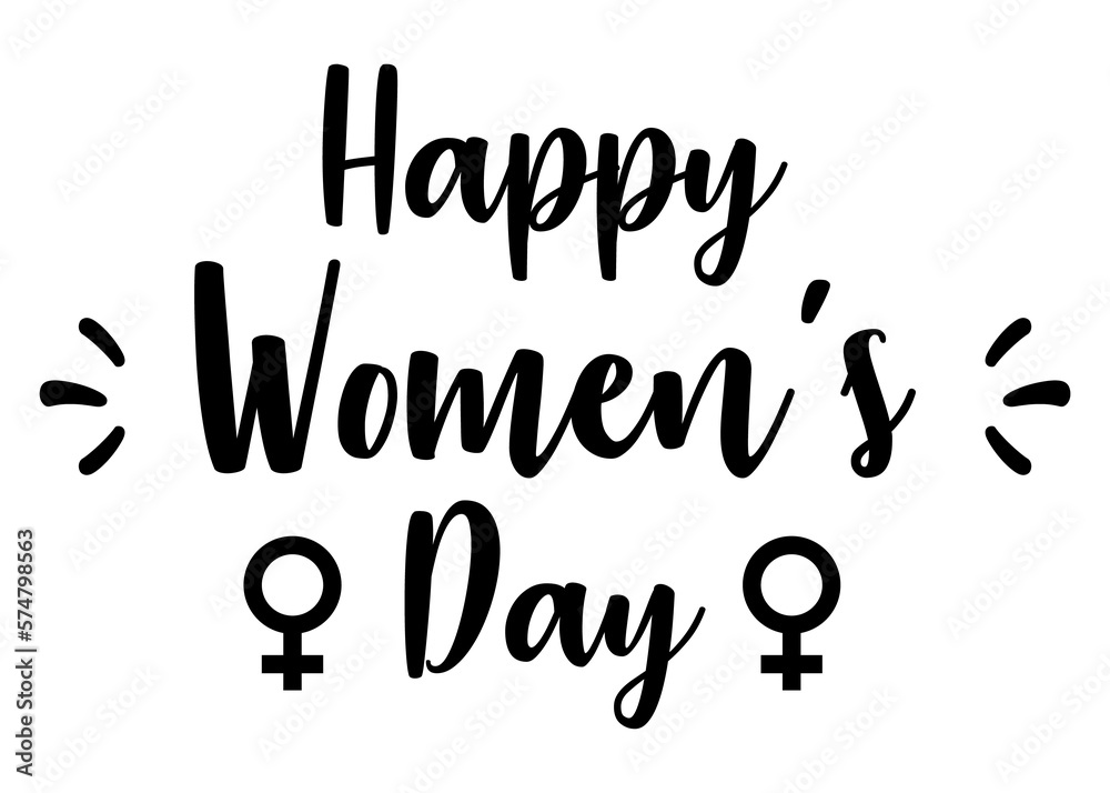 Logo feminista. Letras palabra Happy Woman's Day en texto manuscrito con símbolo femenino - obrazy, fototapety, plakaty 