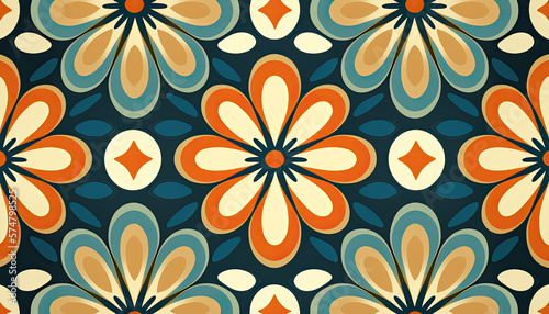 Retro seamless flower pattern design - orange and blue toned nostalgic repeat background generative ai