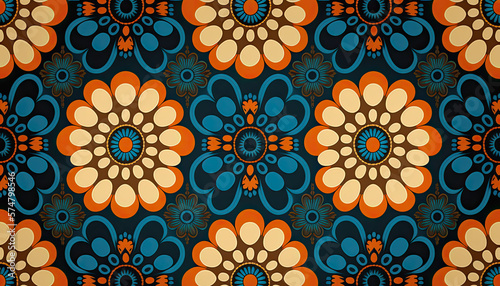 Retro seamless flower pattern design - orange and blue toned nostalgic repeat background generative ai