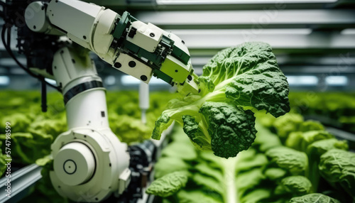 Smart farming agricultural technology Robotic arm harvesting hydroponic lettuce in a greenhouse generative ai