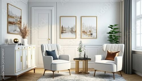 White living room interior with two armchairs and coffee table  dresser with art decoration  carpet on hardwood floor generative ai