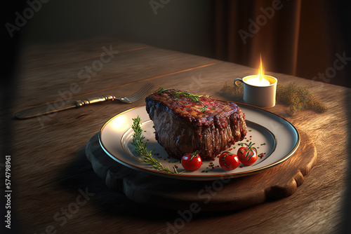 savory grilled spare rib served on a white plate with thyme, pepper, and tomato on a wooden table. Generative AI photo