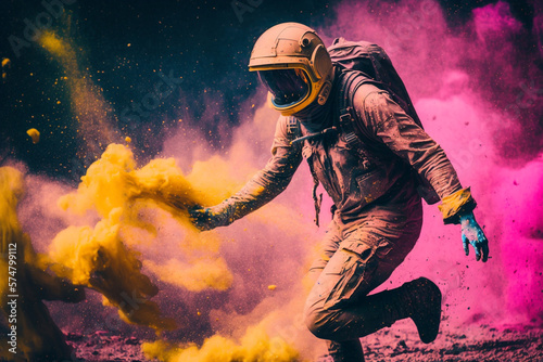 Colorful illustration of an astronaut at the festival, life is full of bright colors, multicolored powder paint, ai generated