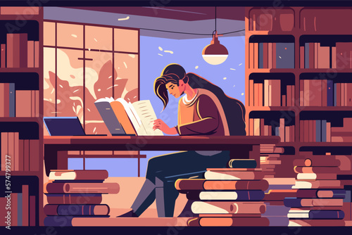 Girl Hard studying and reading at the public library.
2d illustration.