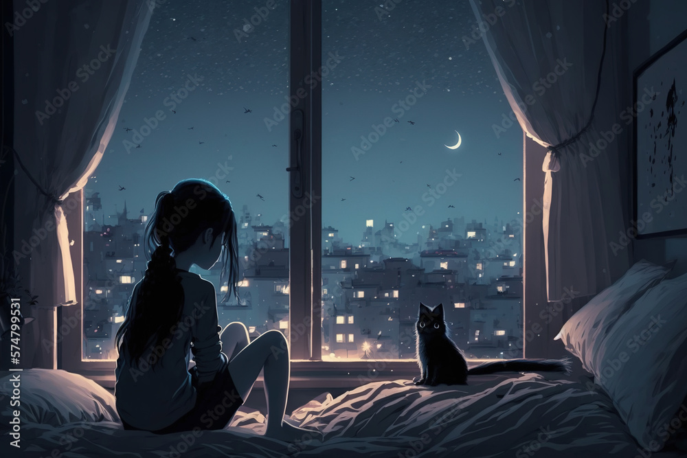 Girl on the window with cat animated Panorama UI Background