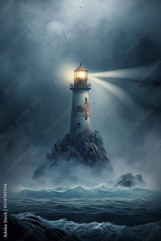 Lighthouse shining in the middle of foggy sea generative AI