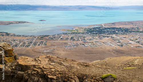Panoramic view of the city of El Calafate and Lake Argentino. Top view