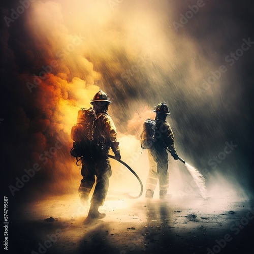 Firefighters safety using twirl water fog type fire extinguisher to fighting with fire from oil and gas to control fire not to spread out Firefighter stop this accident, generative ai