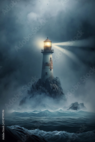 Lighthouse shining in the middle of foggy sea generative AI