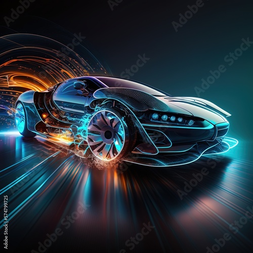 Racing sports car driving on urban city road with luxury digital technology. generative ai