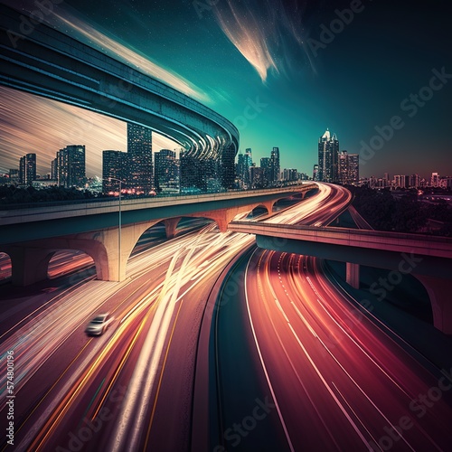 Fotografiet motion blur of a highway overpass and a city skyline, generative ai