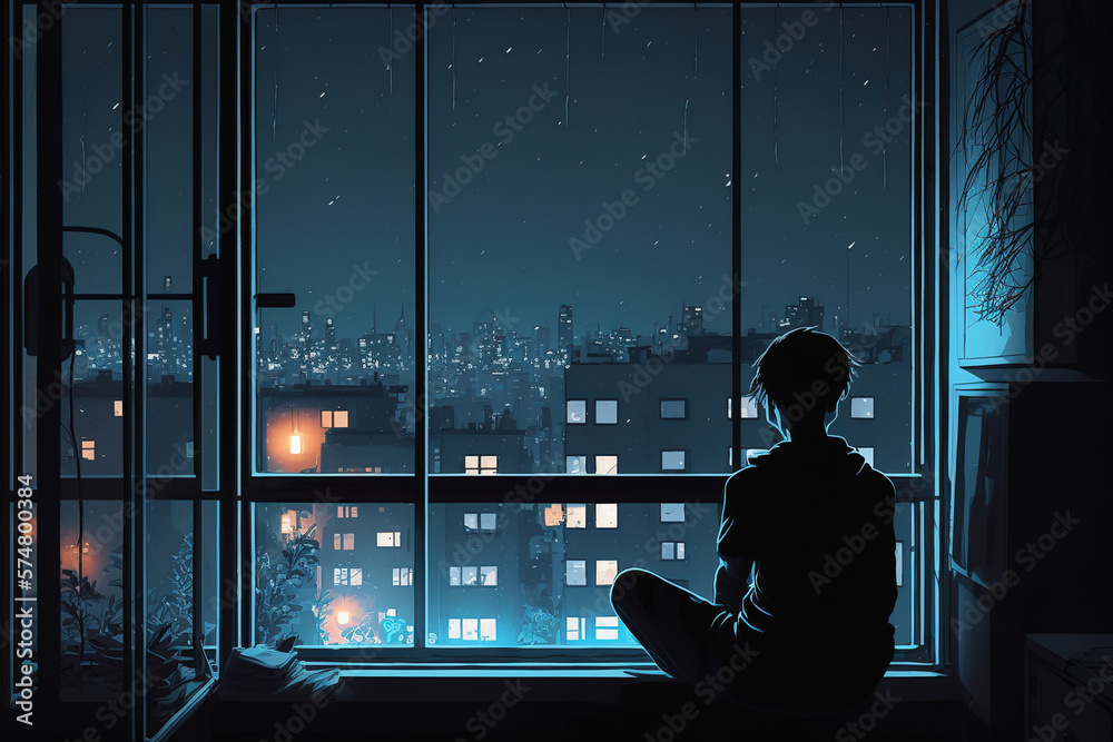 Anime Guy Sitting On Window And Looking At The Night City Stock Anime Guy Sitting On Window And Looking At The Night City Stock