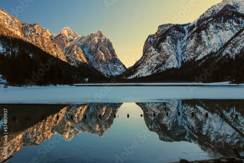 Winter sunset of Dobbiaco Lake