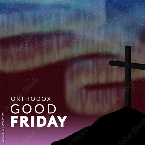 Illustrative image of orthodox good friday text and cross on rock against star field at night
