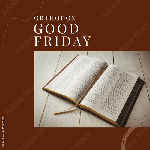 Composite of orthodox good friday text and bible on wooden table over brown background, copy space