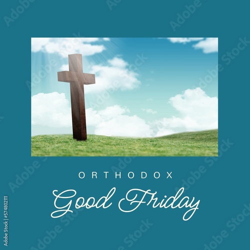 Composite of cross on land against cloudy sky and orthodox good friday text on blue background