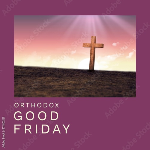 Composite of cross on land against sky with orthodox good friday text on purple background