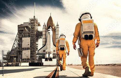 Fotografia Two unrecognizable astronauts wearing yellow space suits walking to space shuttle on launch pad ready to take off