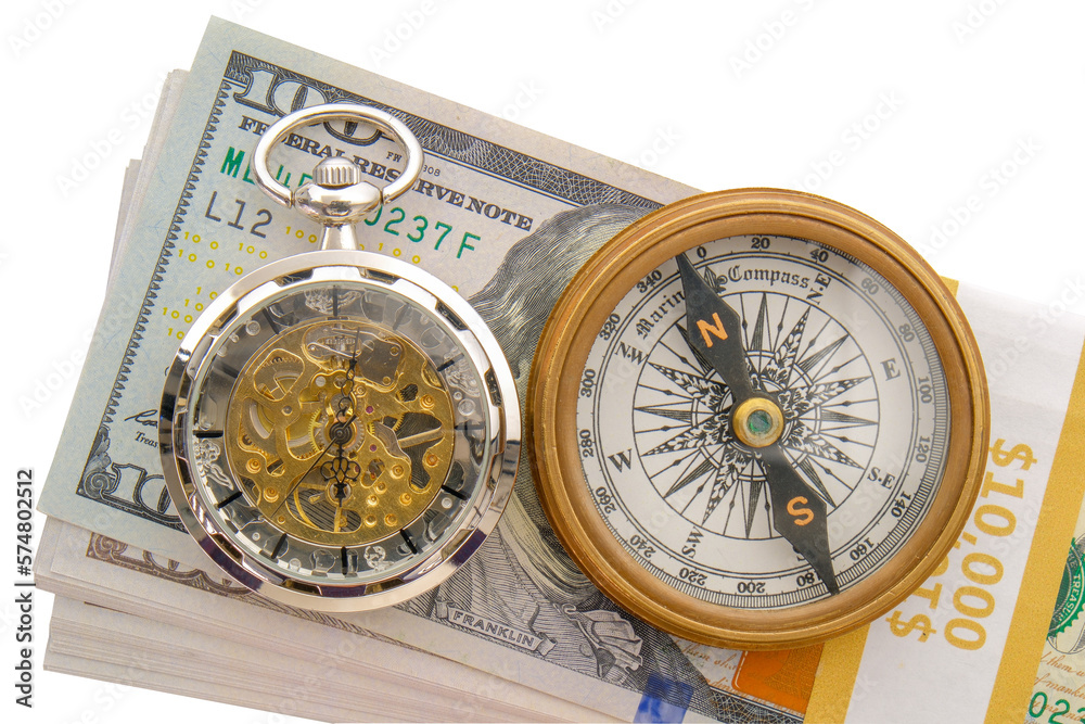 Stack of 10.000 in hundred dollar bills with a compass, modern pocket watch placed on top, white background, clipping path Stack of 10.000 in hundred dollar bills with a compass, modern pocket watch placed on top, white background, clipping path
