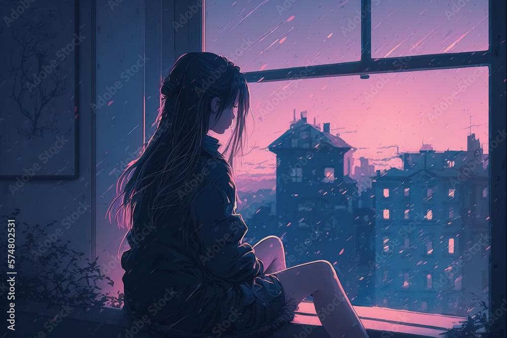 Fototapeta premium Lonely anime girl sitting on window and looking at the night city. 