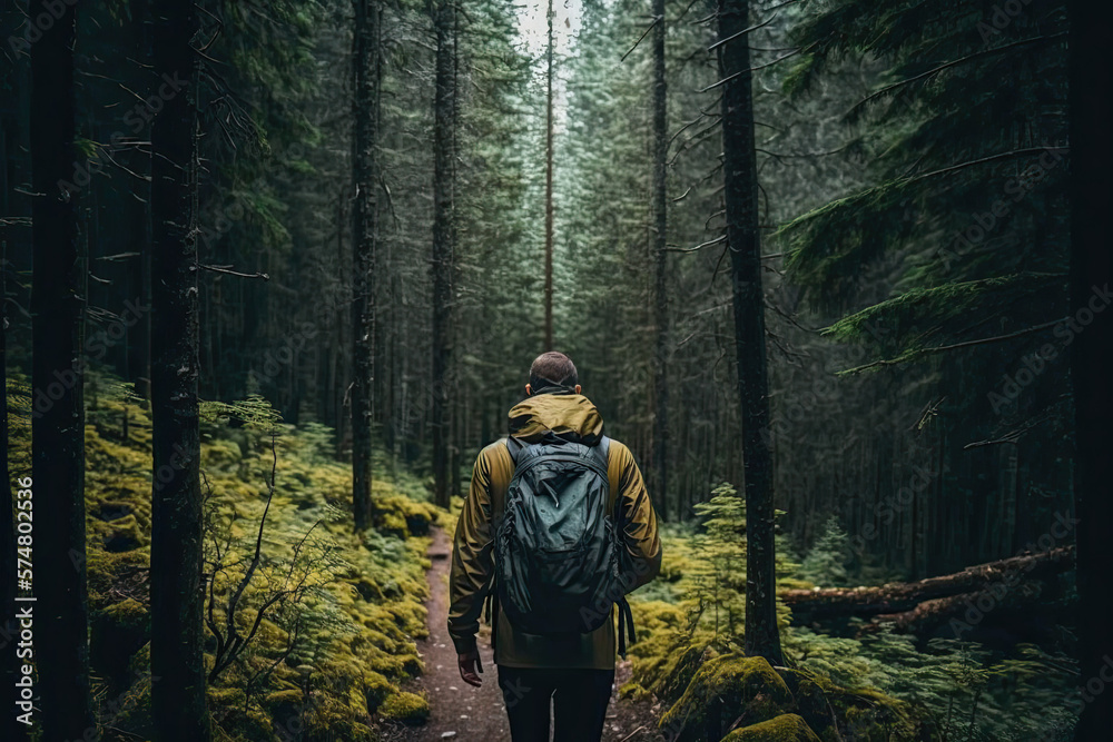 person in the woods on a hike made with generative ai