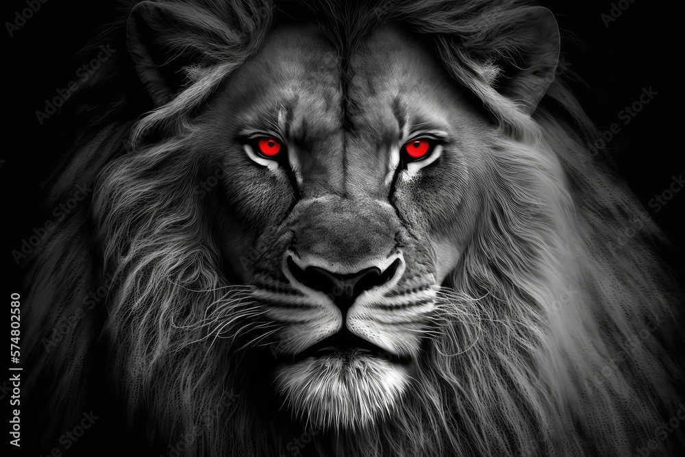 Fototapeta premium black and white lion with red eyes made with generative ai