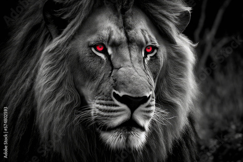 black and white lion with red eyes made with generative ai