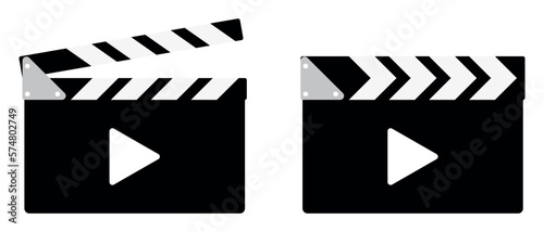 Vector of film clapper sign. Film clapper symbol. Film clapper and triangle play sign. Simple icon logo on white background. Vector illustration.