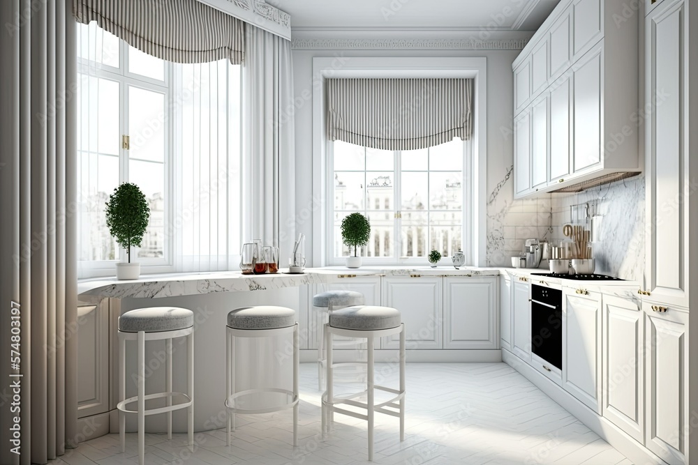White kitchen corner with aisle, three stools, oven, and large curtains-covered windows. Counters. mockup. Generative AI White kitchen corner with aisle, three stools, oven, and large curtains-covered windows. Counters. mockup. Generative AI