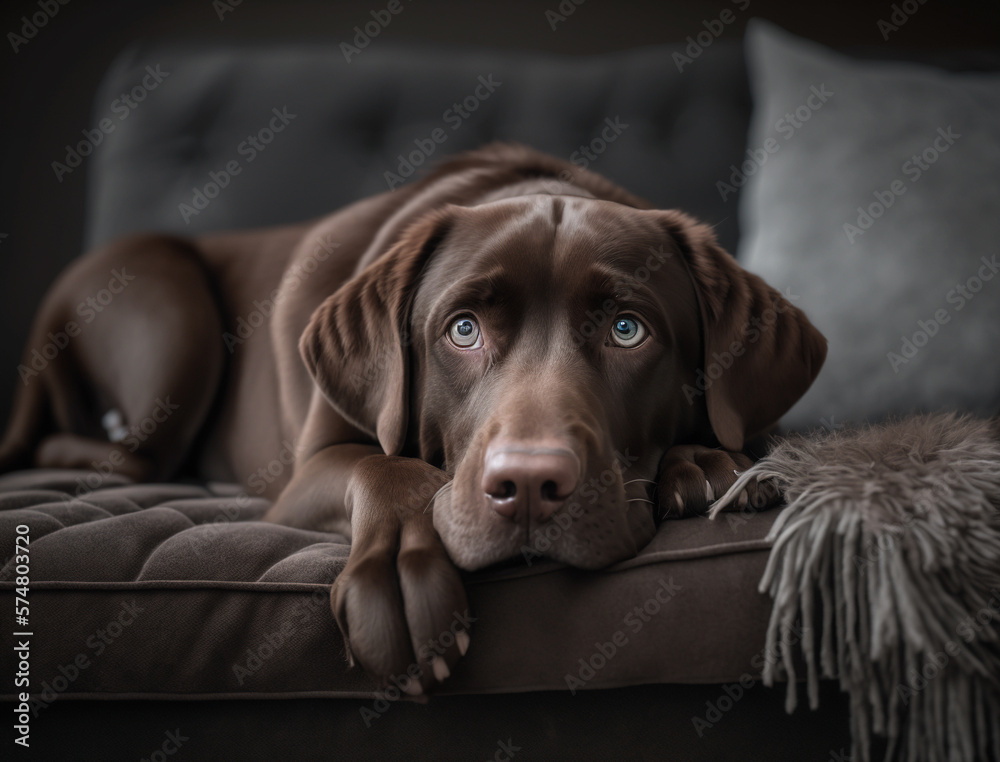 labrador dog lying on the carpet in the home interior with wooden elements, close up. labrador dog lying on the carpet in the home interior with wooden elements, close up.