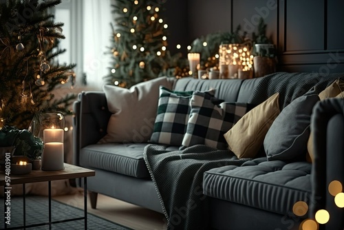 Christmas and New Year's decorations for the home. Nobody is present, there is open space, a sofa with plaid and pillows, a Christmas tree that has been decorated, and garlands that shine in the dark