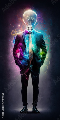 A huge light bulb dressed as a man wearing a suit — colorful lighting. Concept of new ideas and innovation. 
