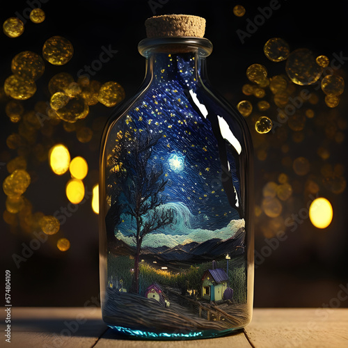 bottle, VanGog, houses, village, night, sky, stars, tree, ligths, blue, (ID: 574804109)
