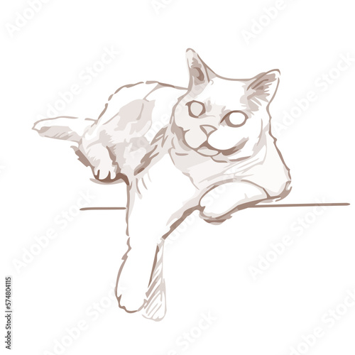 The cat lies on the couch with its paw dangling. Hand drawn vector illustration. A quick sketch of a funny cat.